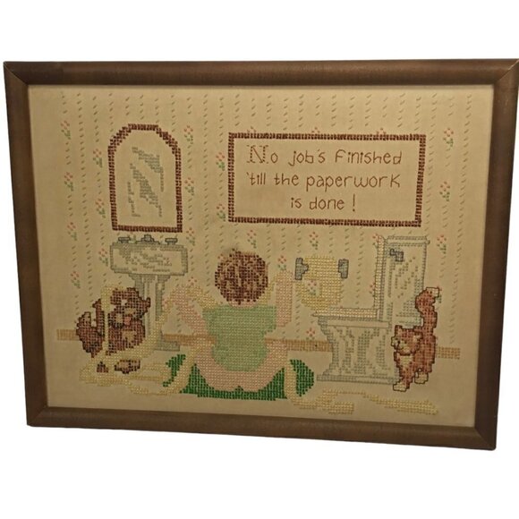 Vintage Finished Framed Cross Stitch No Job is Finished Paperwork Cat Sampler - Picture 4 of 11